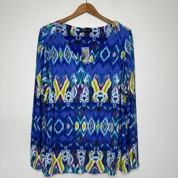 Jones NY Signature Woman Tunic Top 2X Blue Combo Ikat Geometric Stretch - Picture 1 of 13